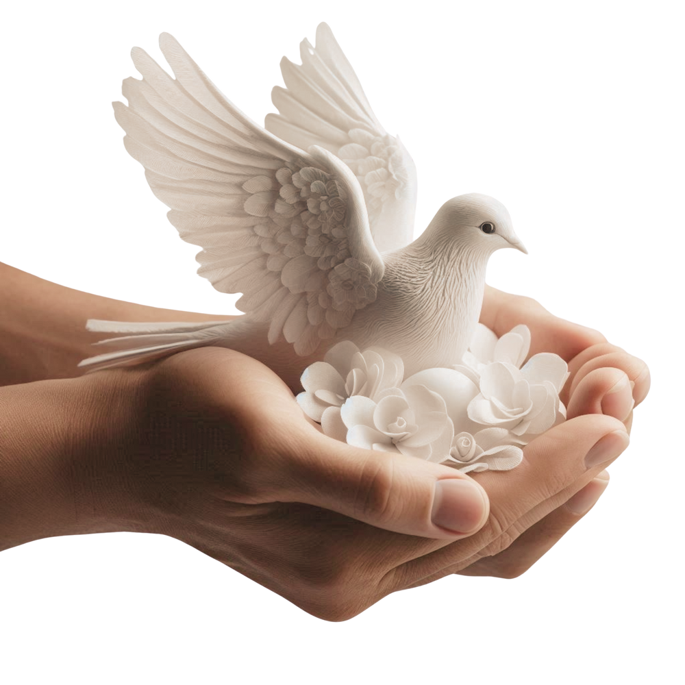 a person holding a white dove figurine in their hands